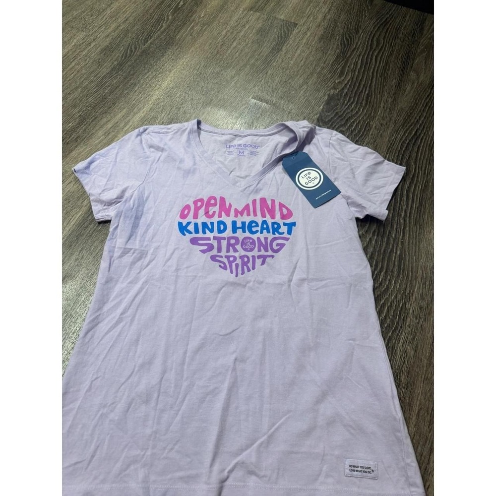 Life is Good Womens Crusher-Lite V-Neck Tee Purple Open Mind Kind Heart M NWT